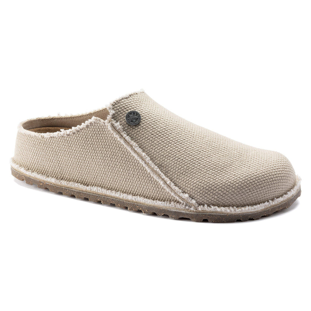 Birkenstock Zermatt canvas slip-on clog with textured upper and rubber outsole, lateral view