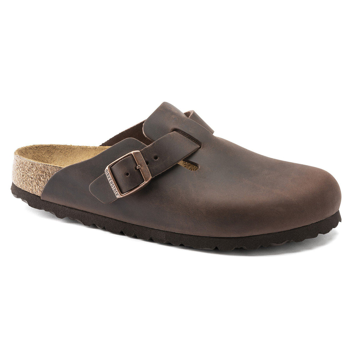 Birkenstock Boston clog with oiled leather upper, adjustable buckle strap, and cork footbed