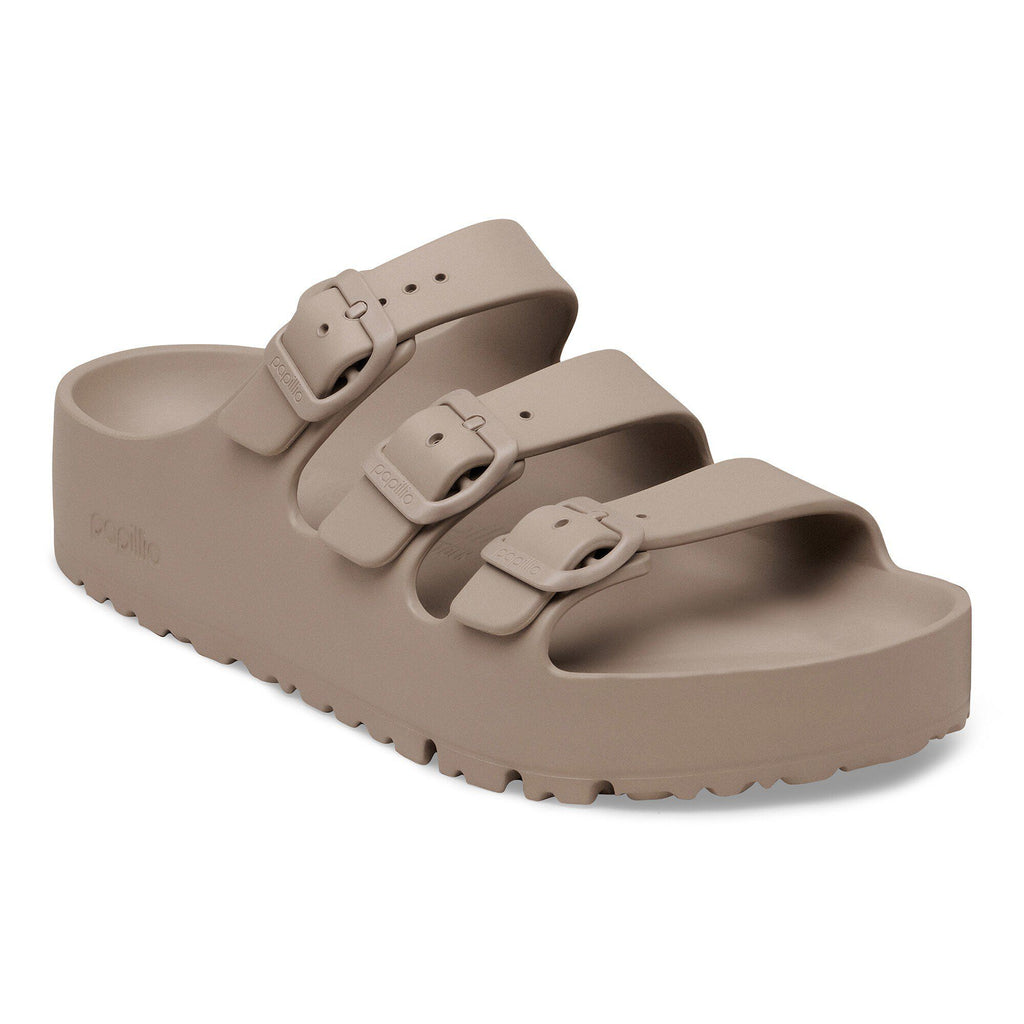 Birkenstock Papillio three-strap buckle platform EVA sandal on white background