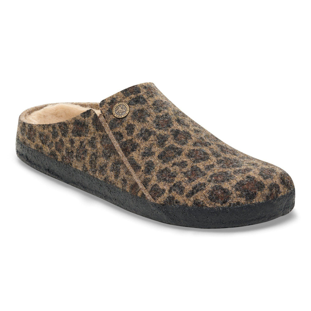 Birkenstock Zermatt shearling-lined clog slipper in leopard print felt with rubber sole