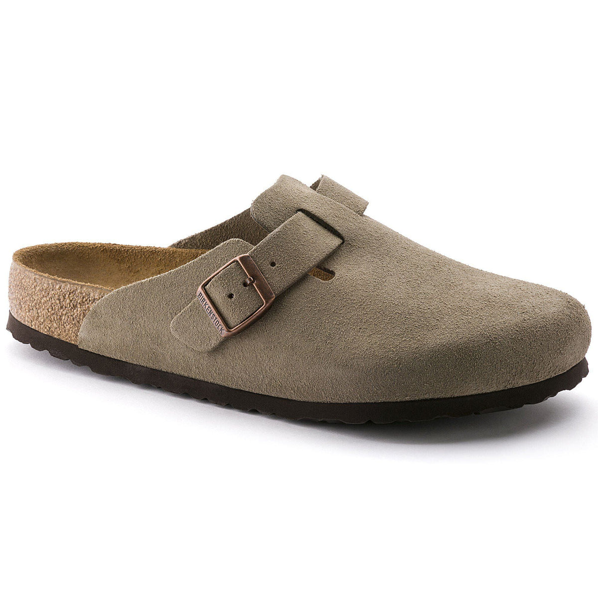 Birkenstock Boston suede clog with adjustable buckle strap and cork footbed, angled side view