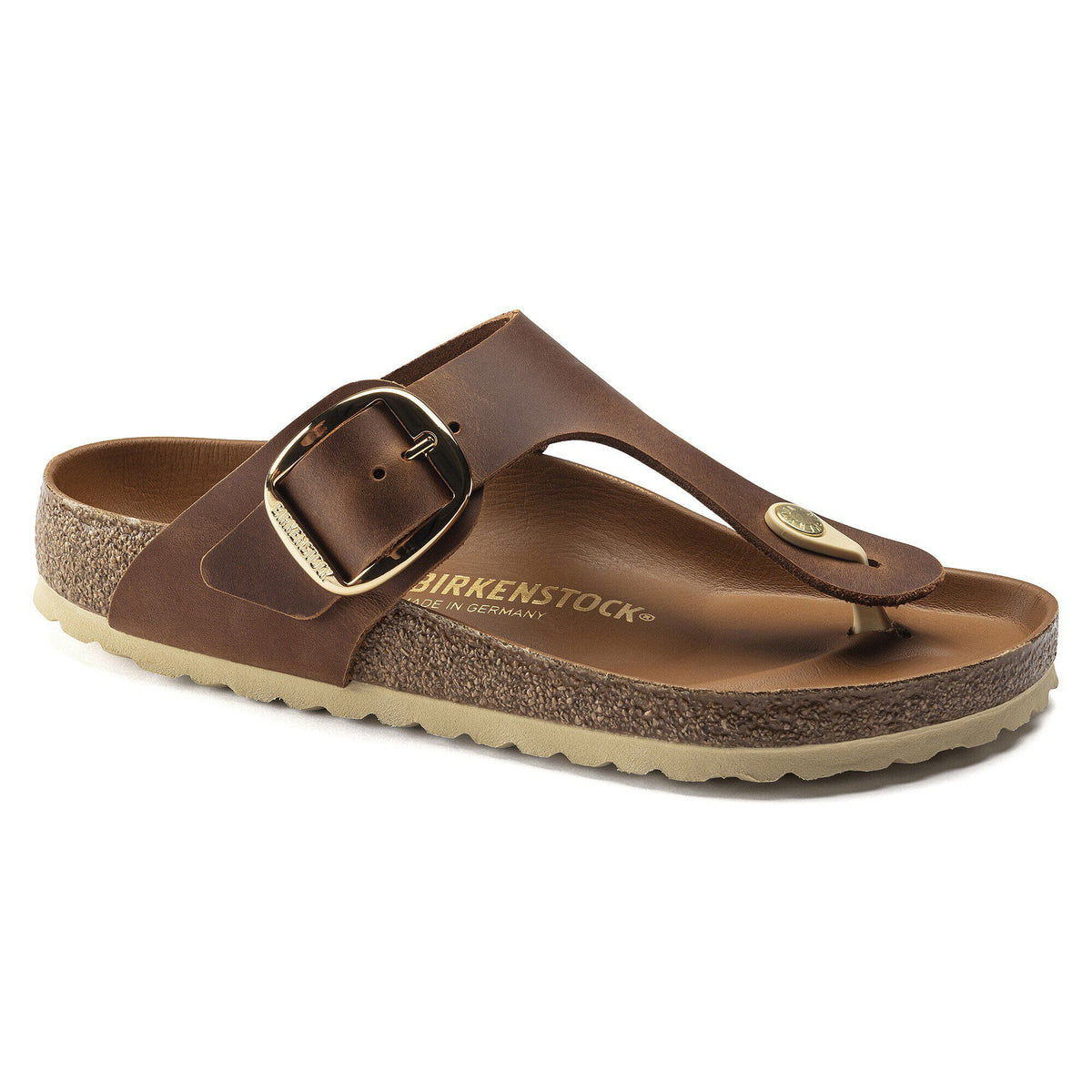 Birkenstock Gizeh thong sandal with large gold buckle and contoured cork footbed