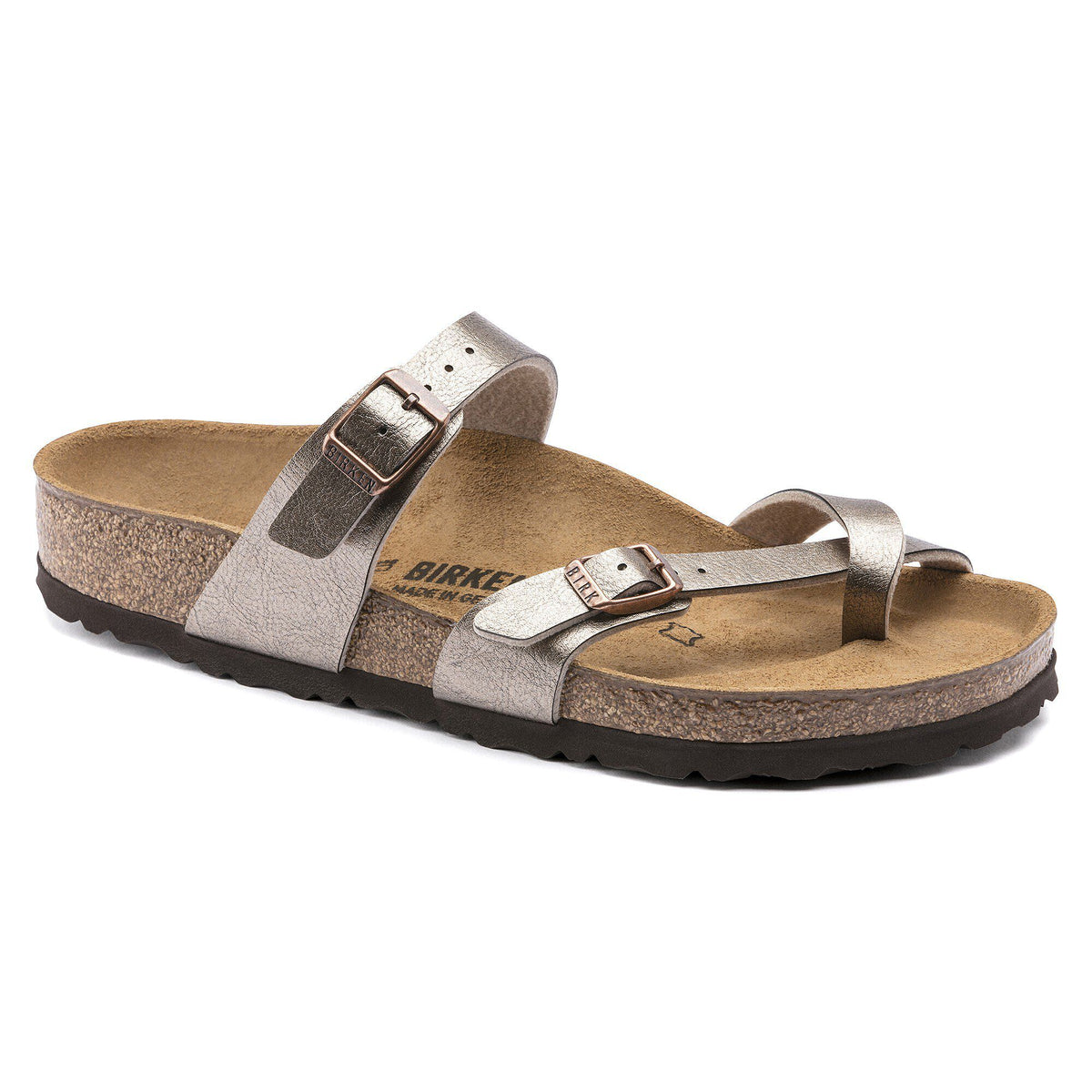 Birkenstock Mayari sandal with toe-loop strap, buckle closures, and cork footbed