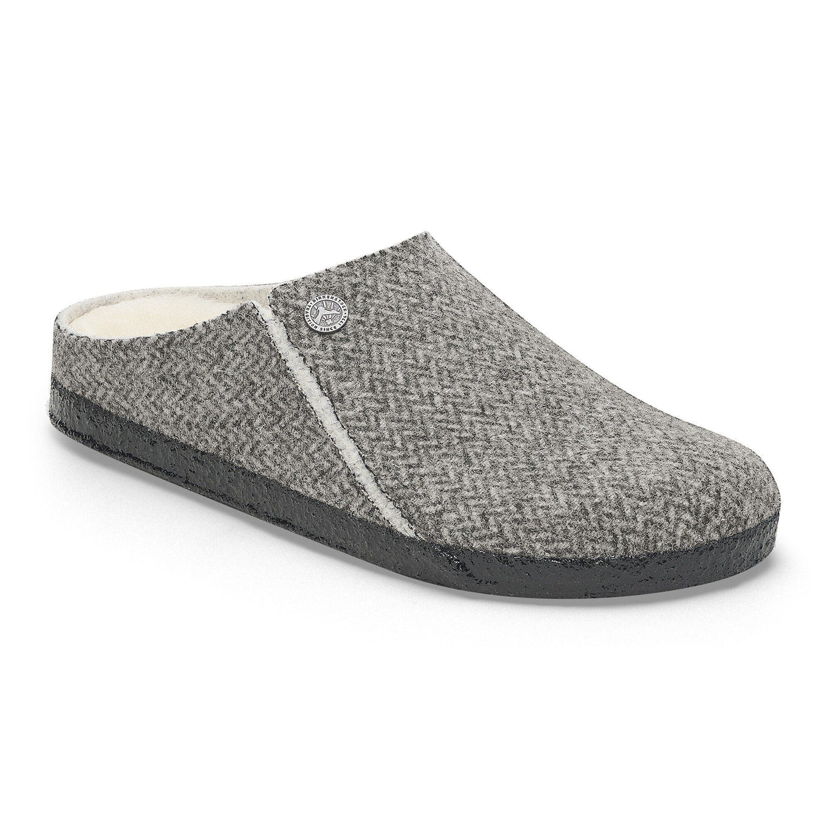 Birkenstock Zermatt clog slipper in gray herringbone wool with shearling lining and dark sole
