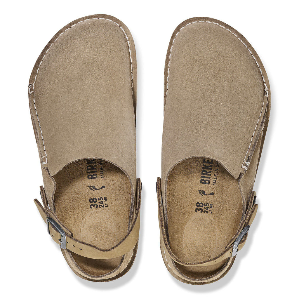 Birkenstock Lutry suede slingback clogs viewed from above showing cork footbed and buckle strap