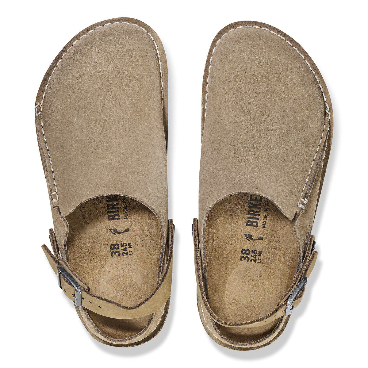 Birkenstock Lutry suede slingback clogs viewed from above showing cork footbed and buckle strap