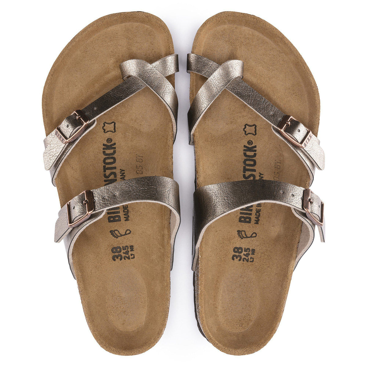 Birkenstock Mayari sandals with metallic taupe straps and cork footbed, top-down view