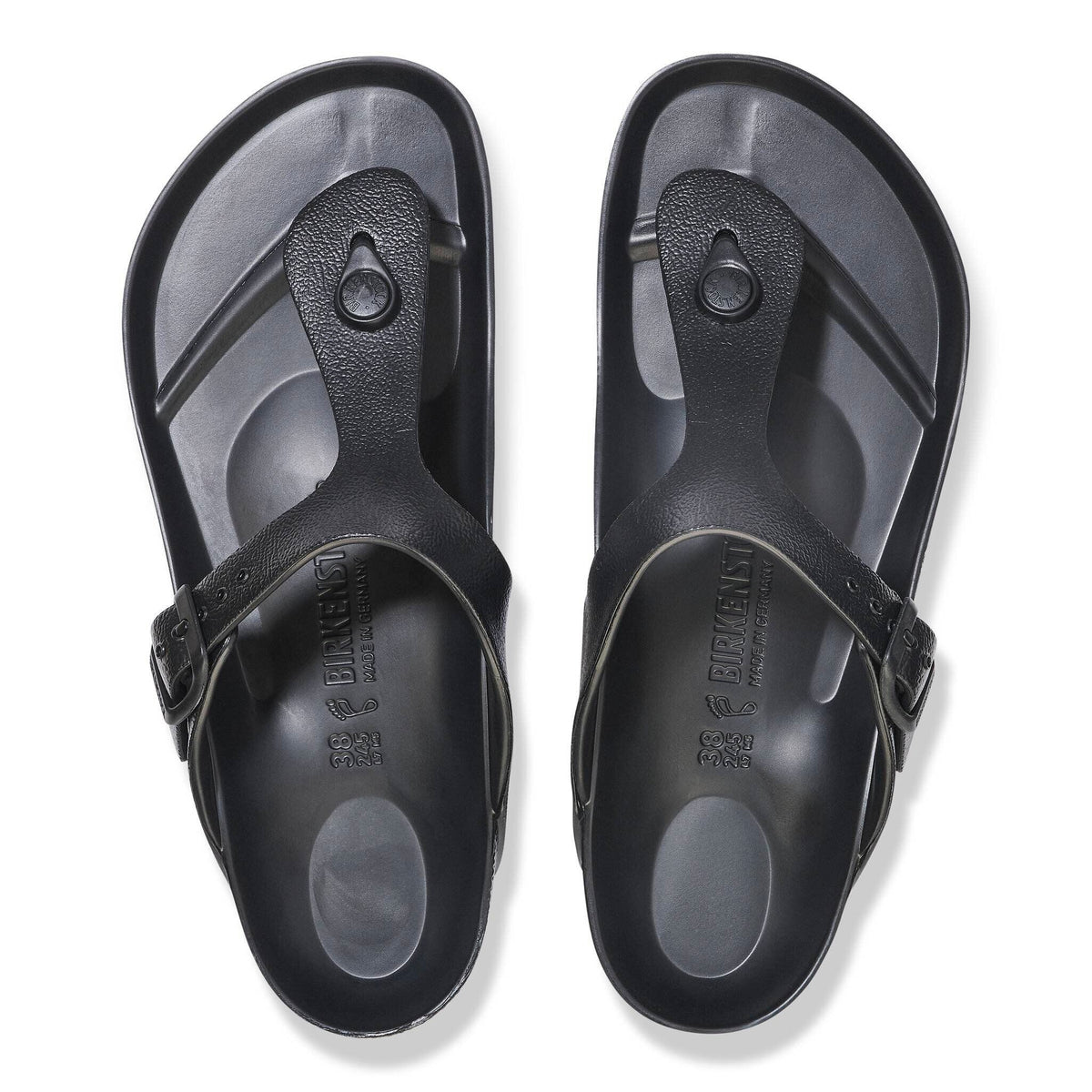 Birkenstock Gizeh EVA thong sandals with toe post and buckle strap, overhead view