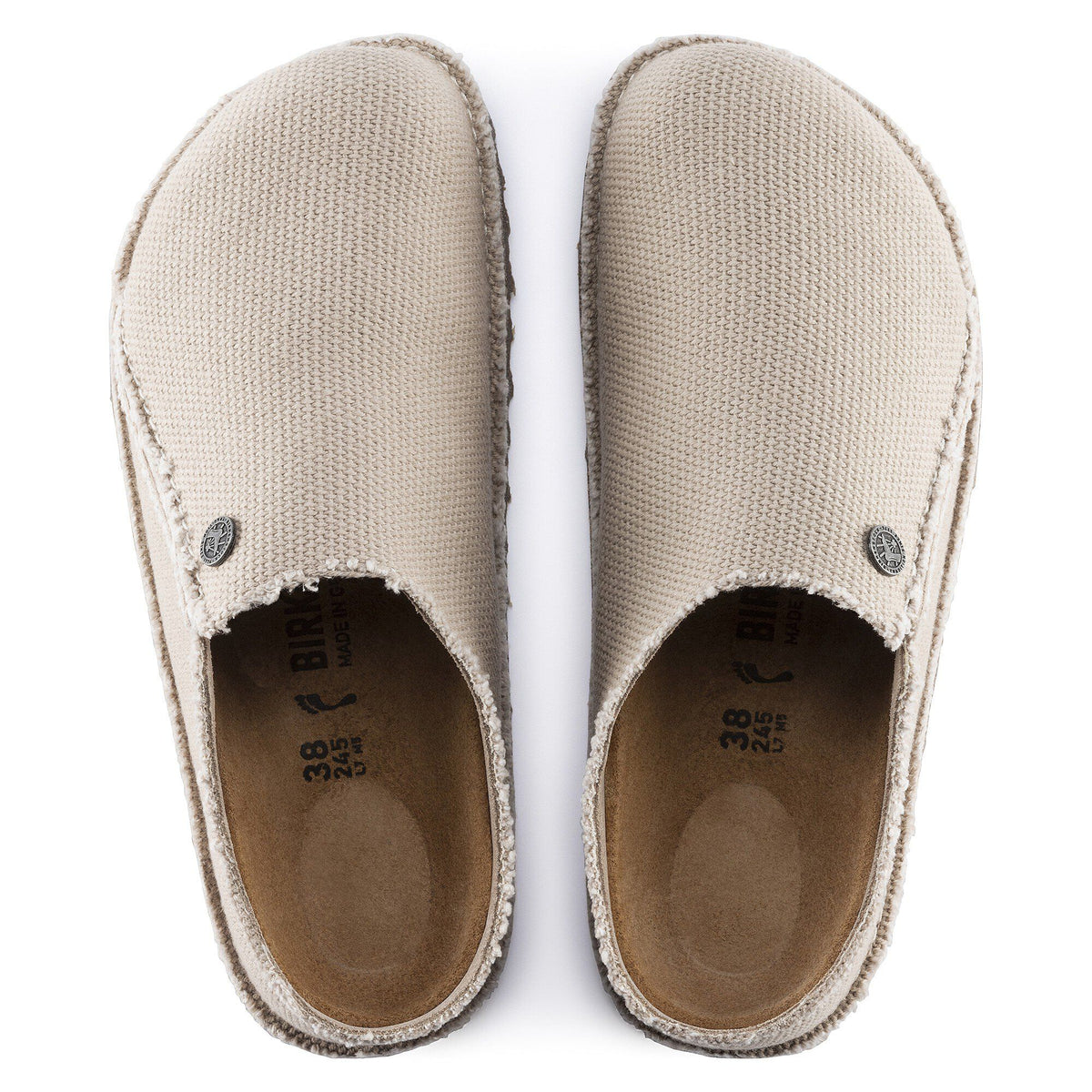 Birkenstock Zermatt canvas clogs shown from above revealing footbed lining and logo stamp