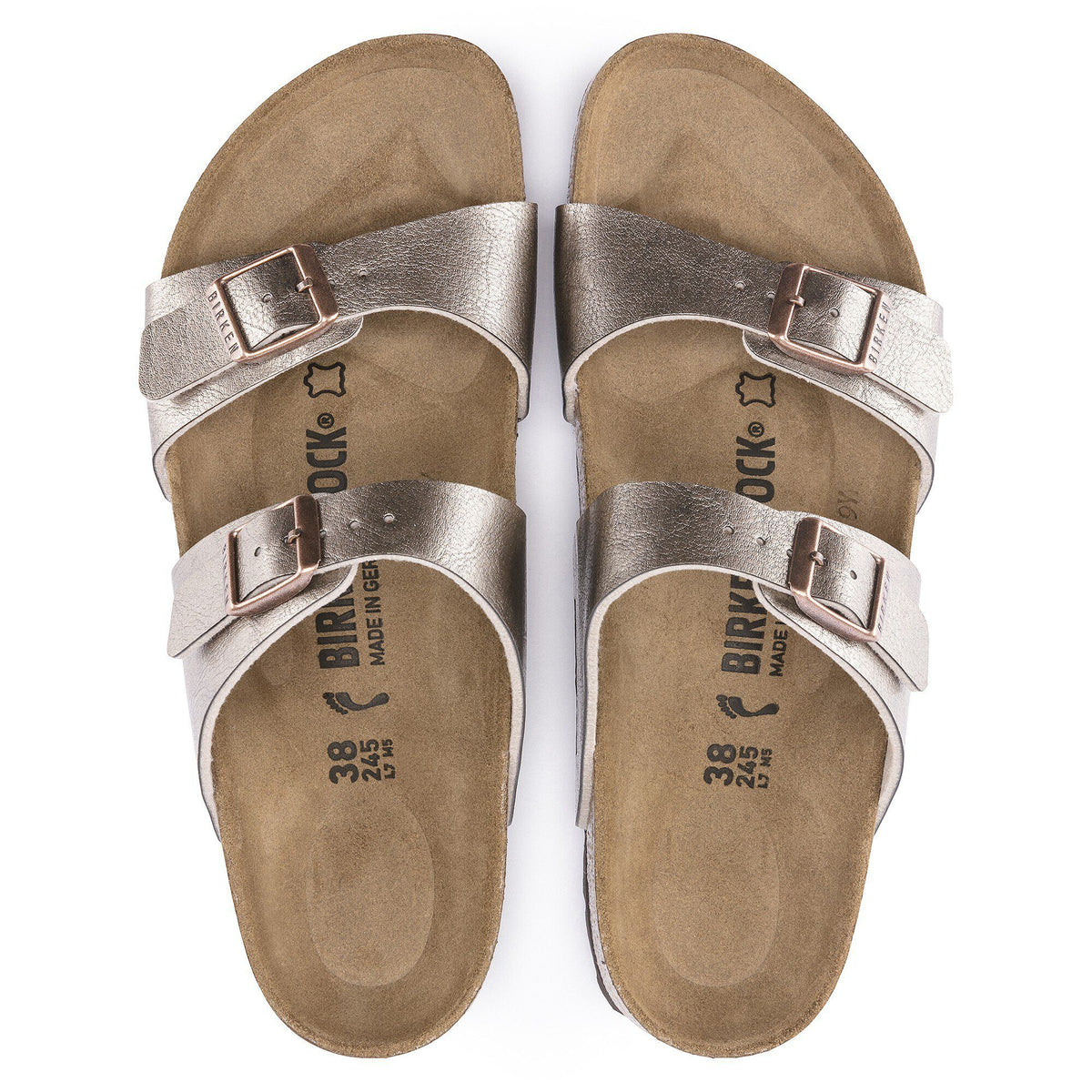 Birkenstock Sydney sandals with two metallic straps and adjustable buckles, top-down view