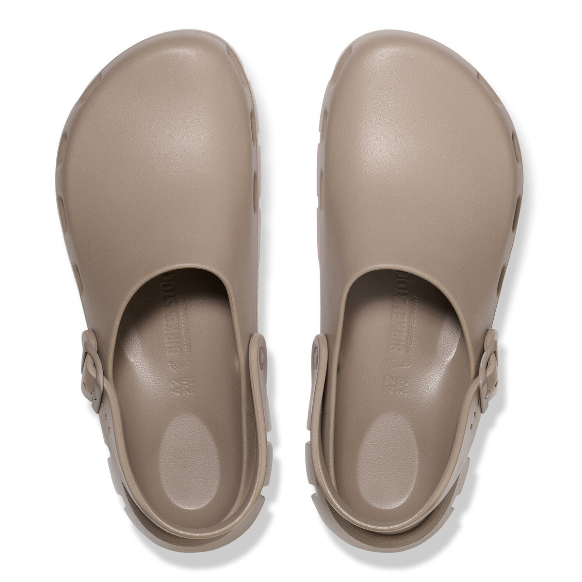 Birkenstock Birki Flow clogs in taupe, top-down view showing pair with ankle straps