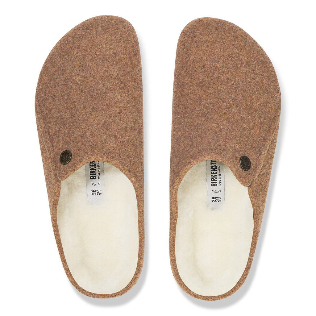 Birkenstock Zermatt shearling slippers shown from above, displaying wool lining interior