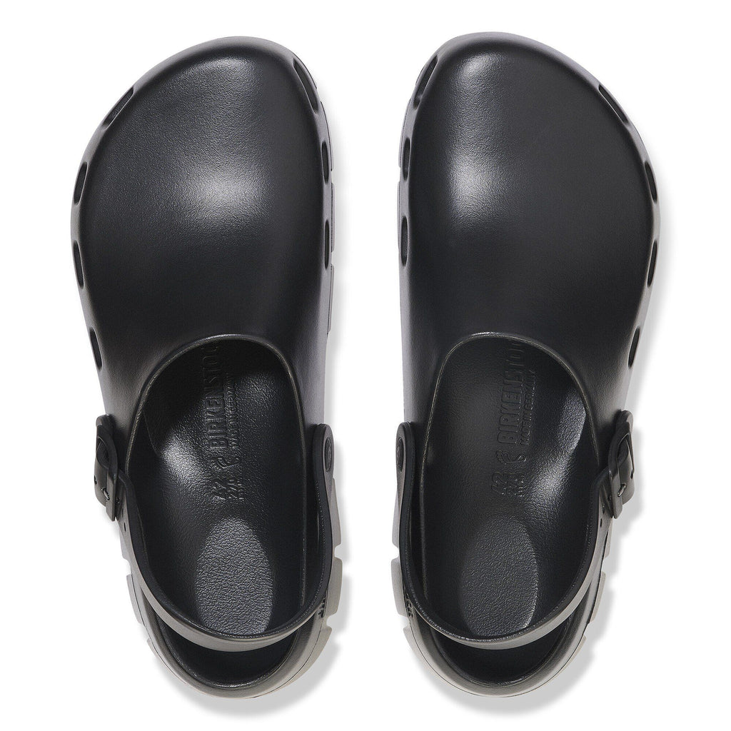 Birkenstock Birki Flow clogs shown from above, featuring buckle strap and ventilation holes
