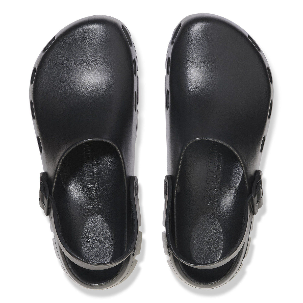 Birkenstock Birki Flow clogs shown from above, featuring buckle strap and ventilation holes