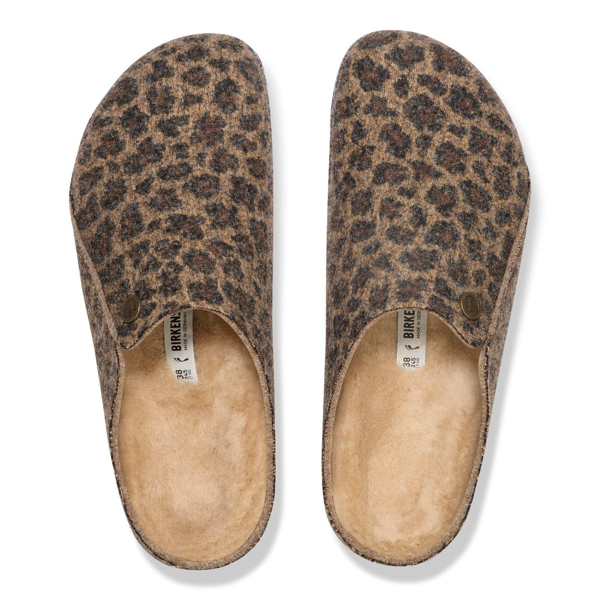 Birkenstock Zermatt shearling clogs with leopard print upper, top-down view showing cozy lining