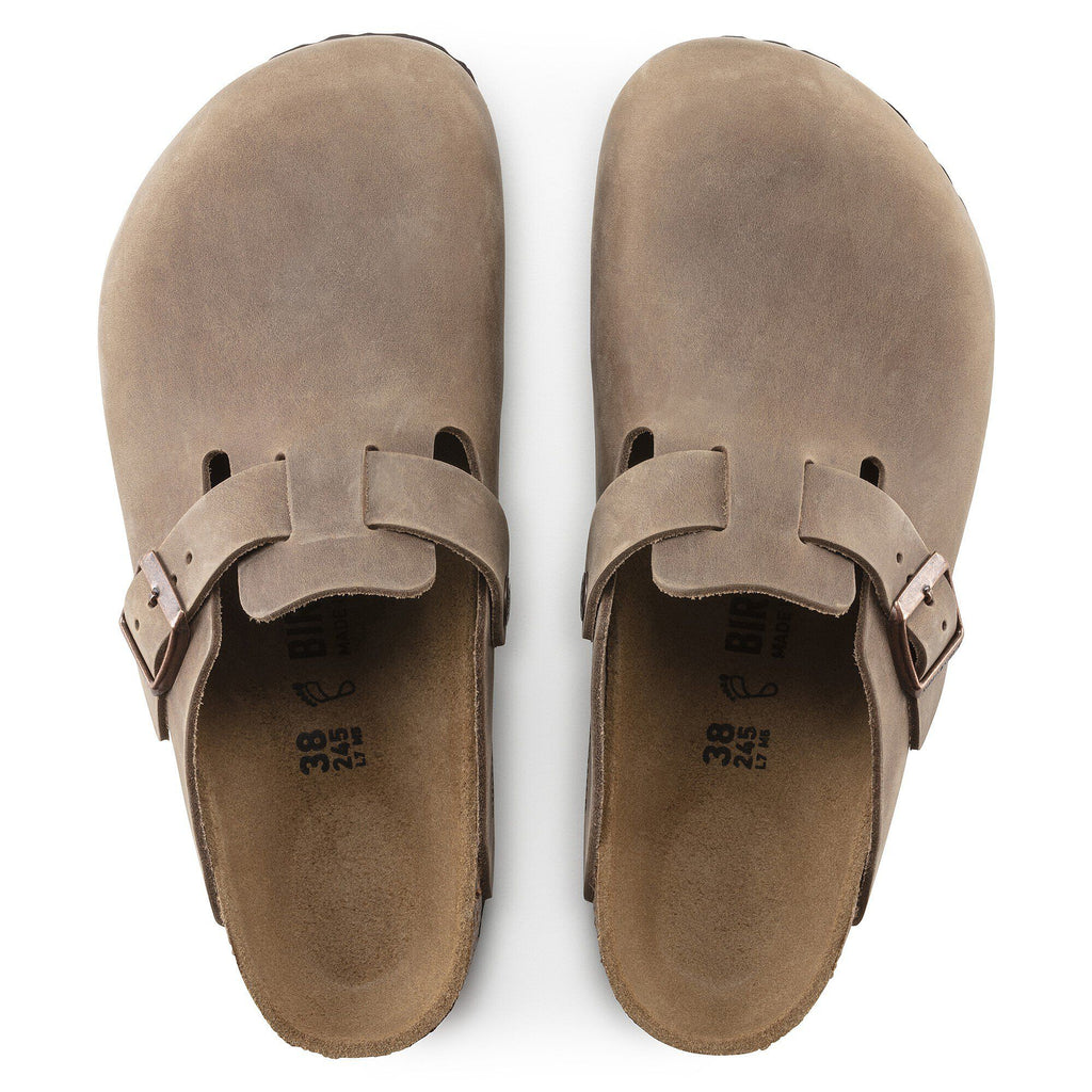Birkenstock Boston oiled leather clogs shown from above as a pair, size 38