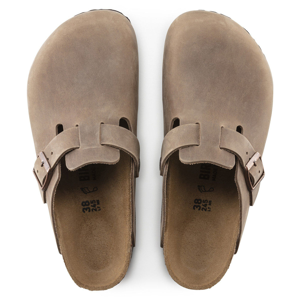 Birkenstock Boston oiled leather clogs shown from above as a pair, size 38