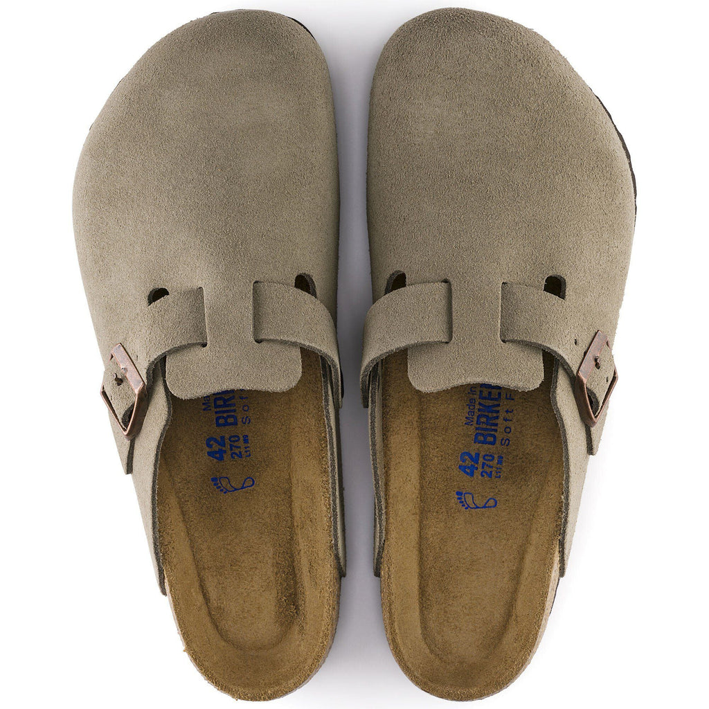 Birkenstock Boston suede clogs with adjustable buckle strap, viewed from above as a pair