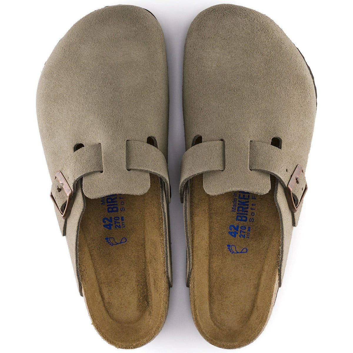 Birkenstock Boston suede clogs with adjustable buckle strap, viewed from above as a pair