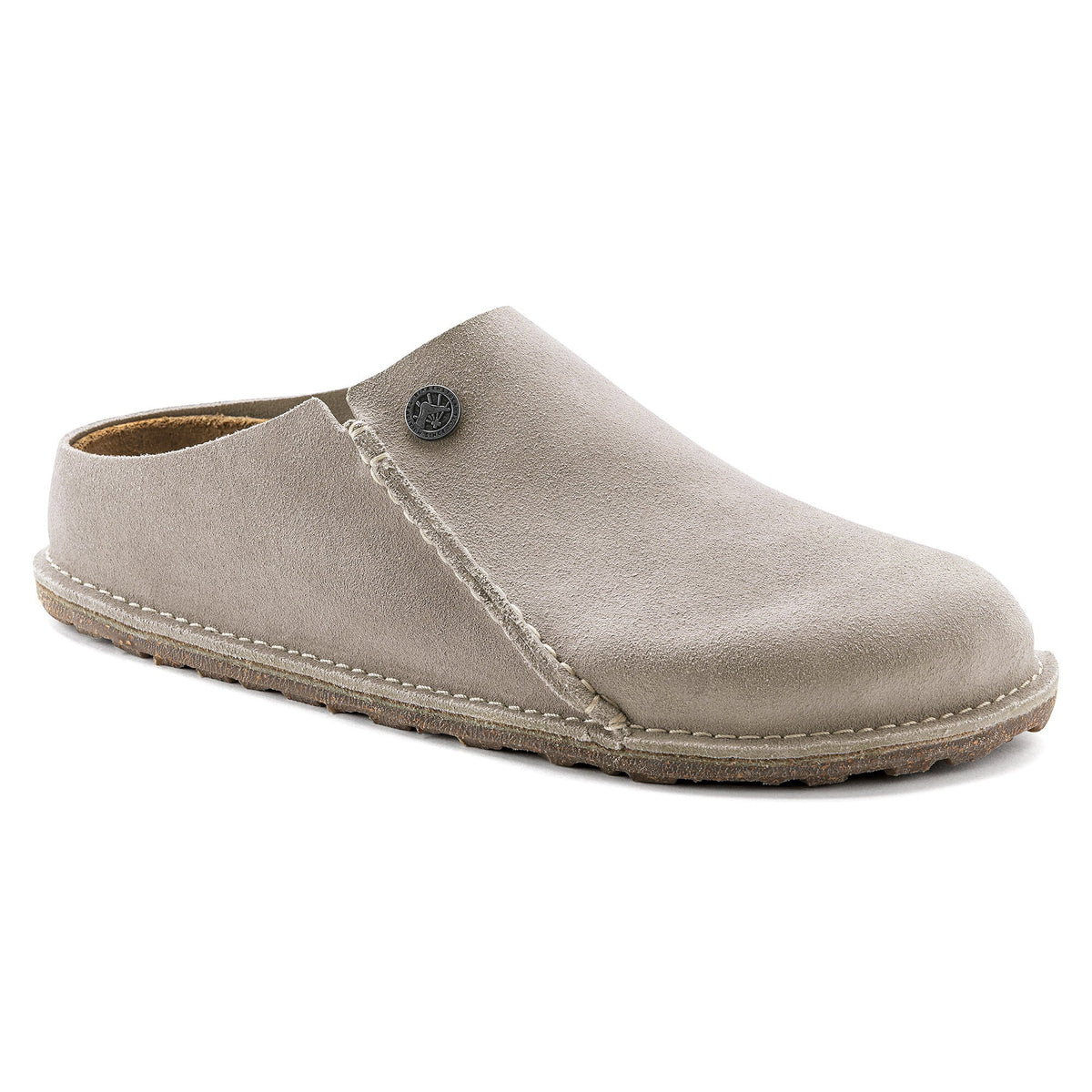 Birkenstock slip-on clog with closed toe, suede upper, and natural cork sole