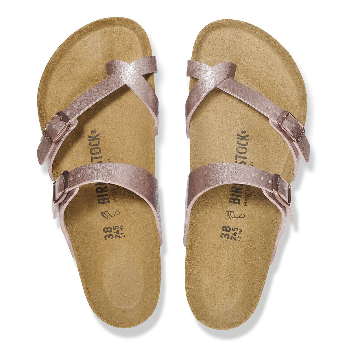 Birkenstock Mayari women's sandals with metallic straps and cork footbed, top view