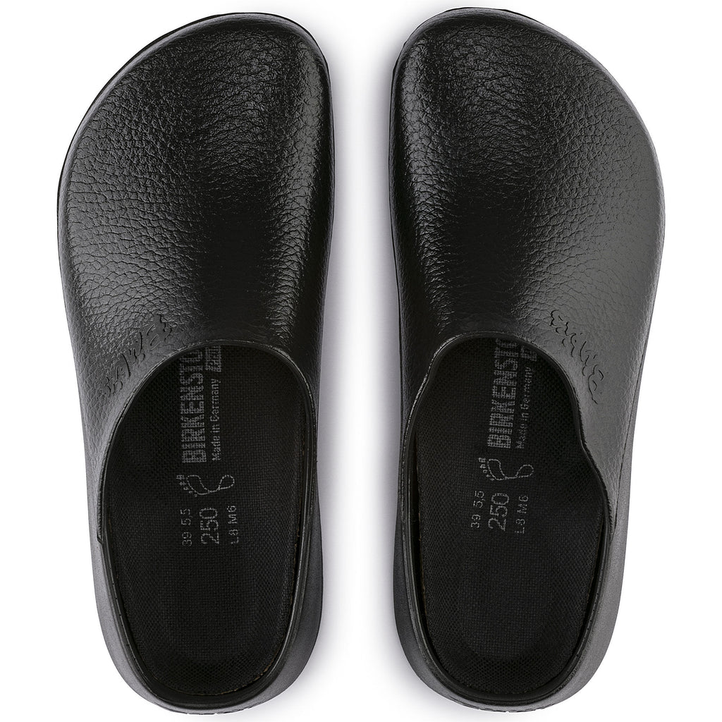 Birkenstock Super Birki closed-toe clogs viewed from above showing textured leather uppers and footbed