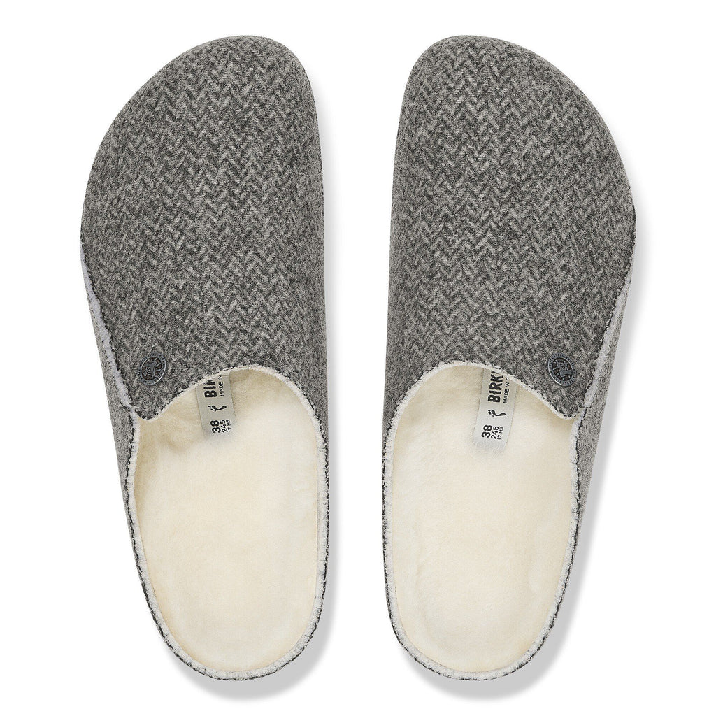 Birkenstock Zermatt slippers with gray herringbone wool upper and cream shearling lining, top view