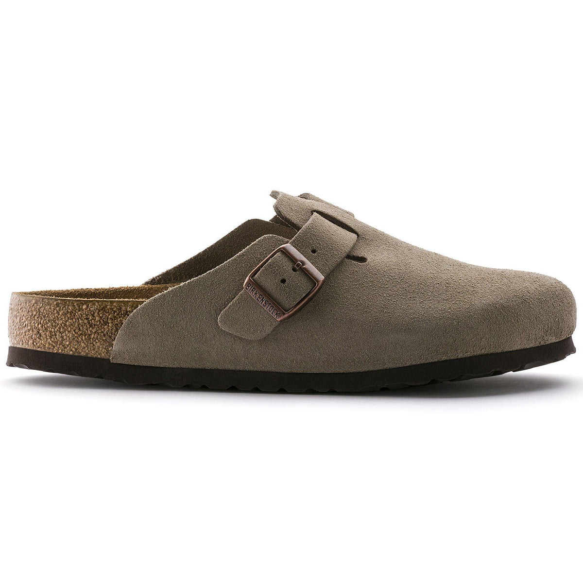Birkenstock Boston suede clog with adjustable buckle strap and cork footbed, lateral view