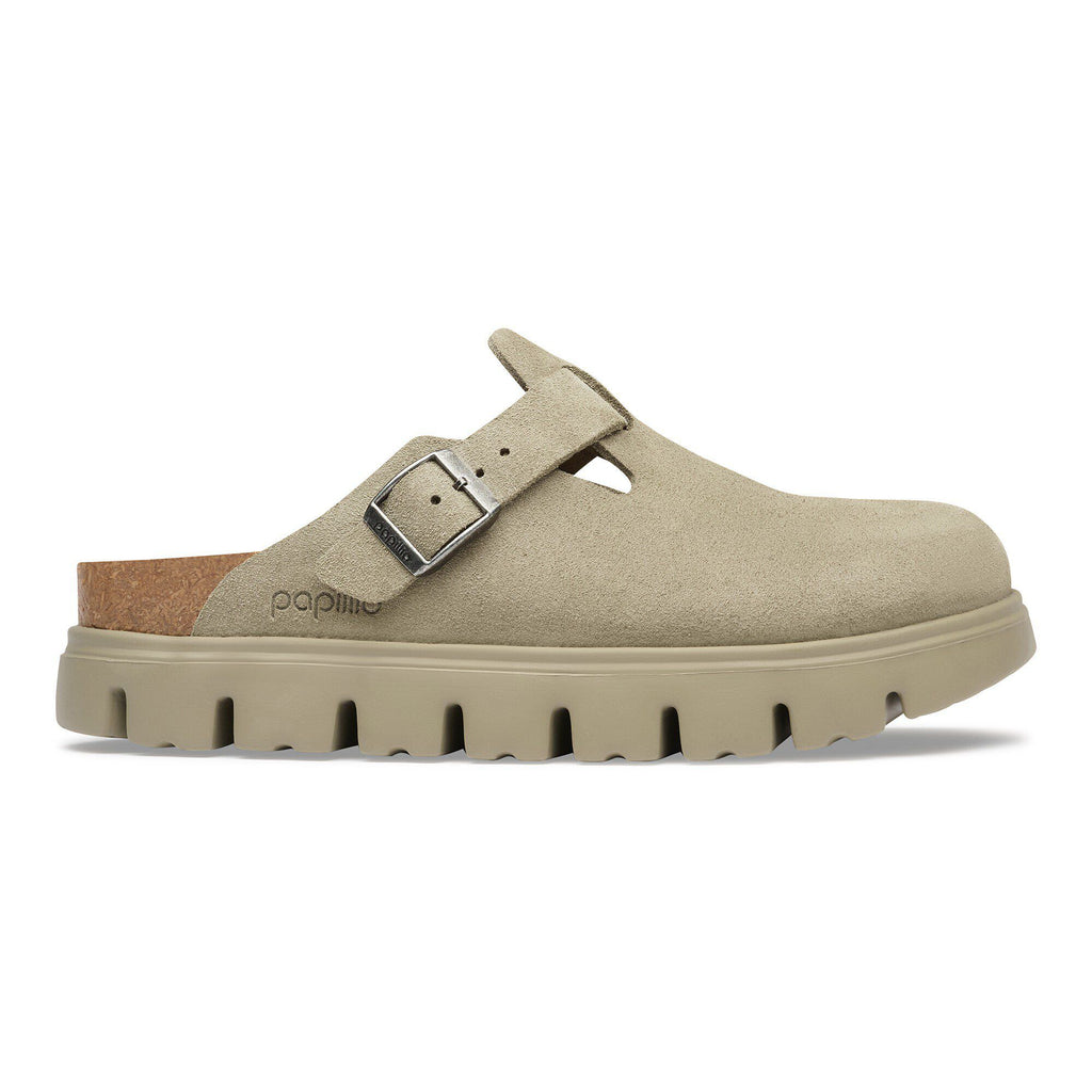 Papillio by Birkenstock Boston Chunky suede leather clog with silver buckle and lug sole