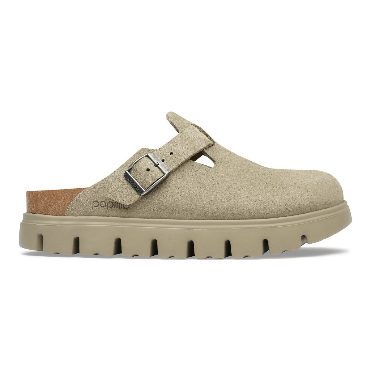 Papillio by Birkenstock Boston Chunky suede leather clog with silver buckle and lug sole