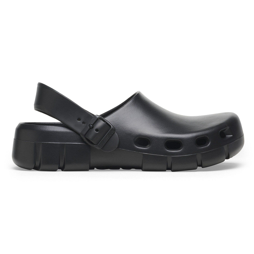 Birkenstock Birki Flow clog with buckle strap and ventilation holes, side view