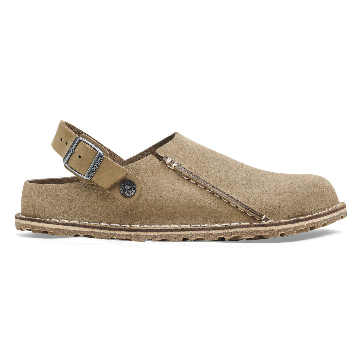 Birkenstock Lutry suede slingback clog with adjustable buckle strap and cork sole, lateral view