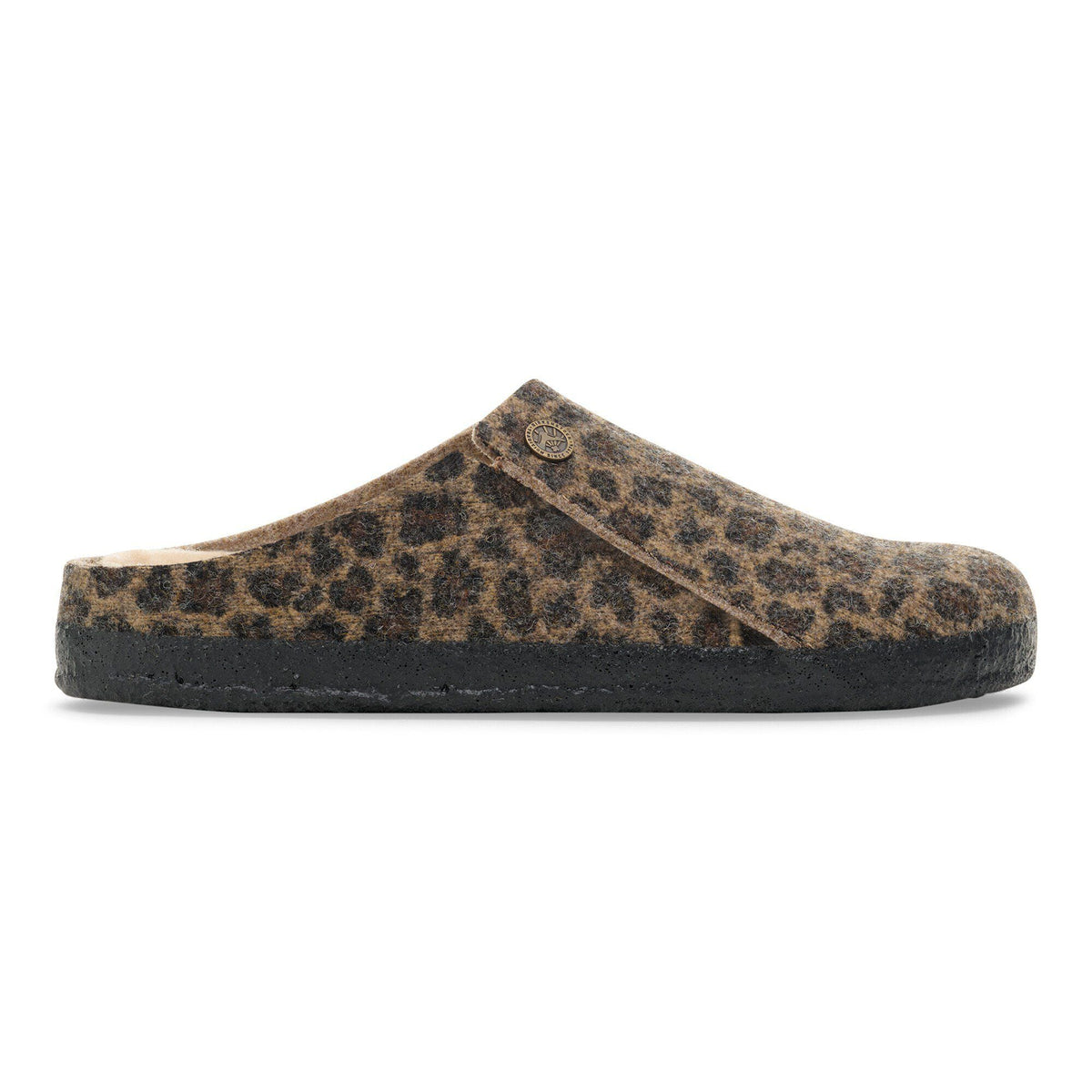 Birkenstock Zermatt clog slipper in leopard-print felted wool with black sole, side view