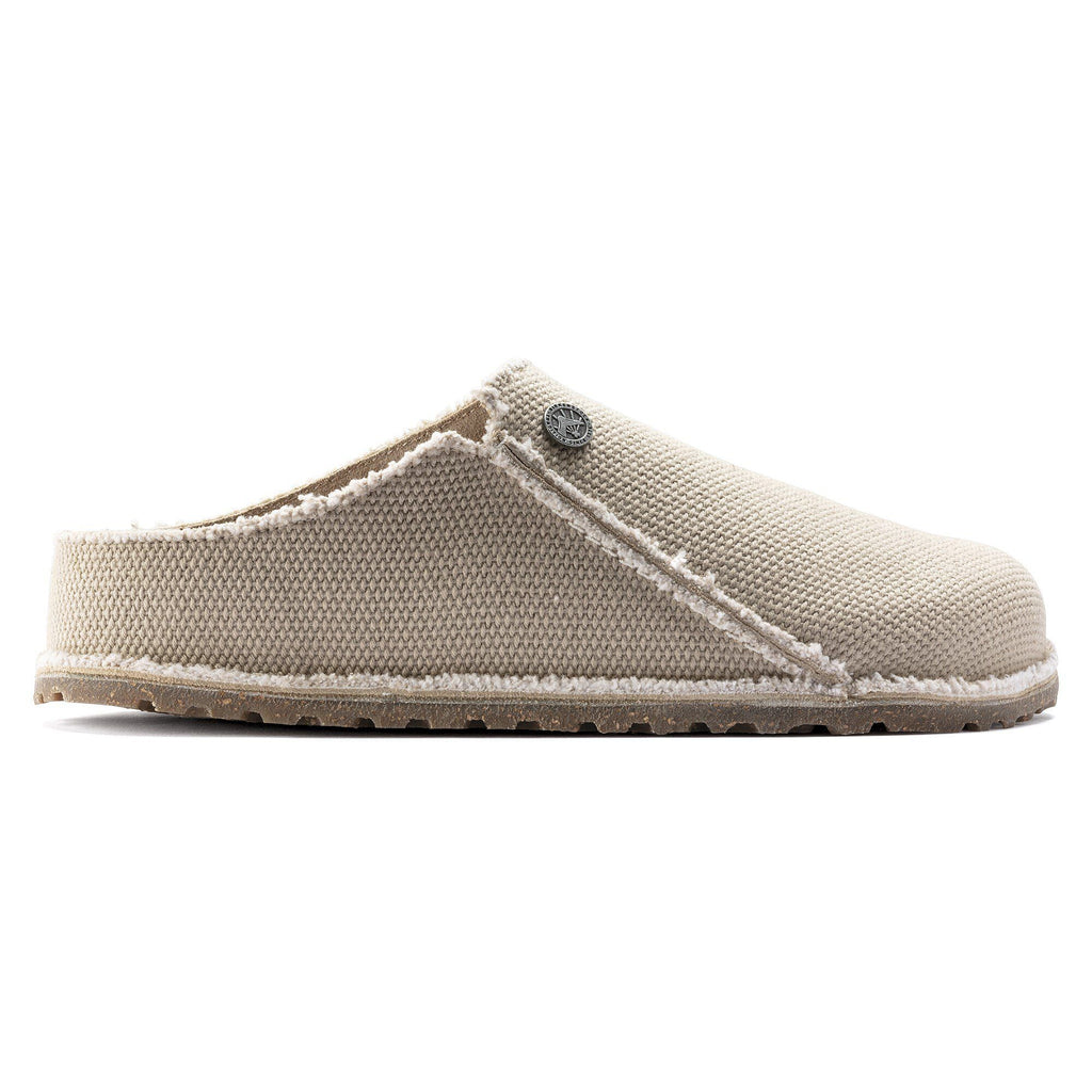 Birkenstock Zermatt canvas clog slipper with sherpa lining and rubber sole, side view