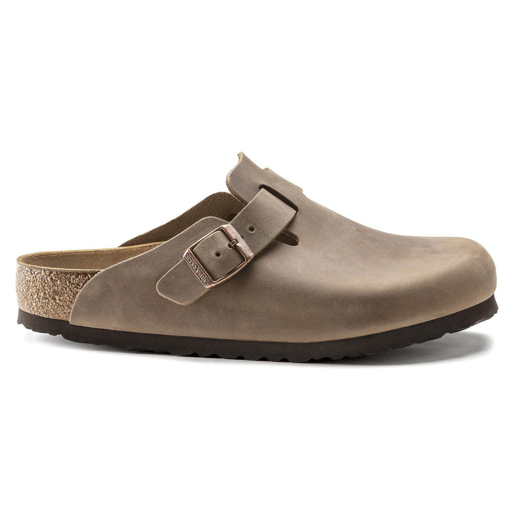 Birkenstock Boston oiled leather clog with buckle strap and cork footbed, side view