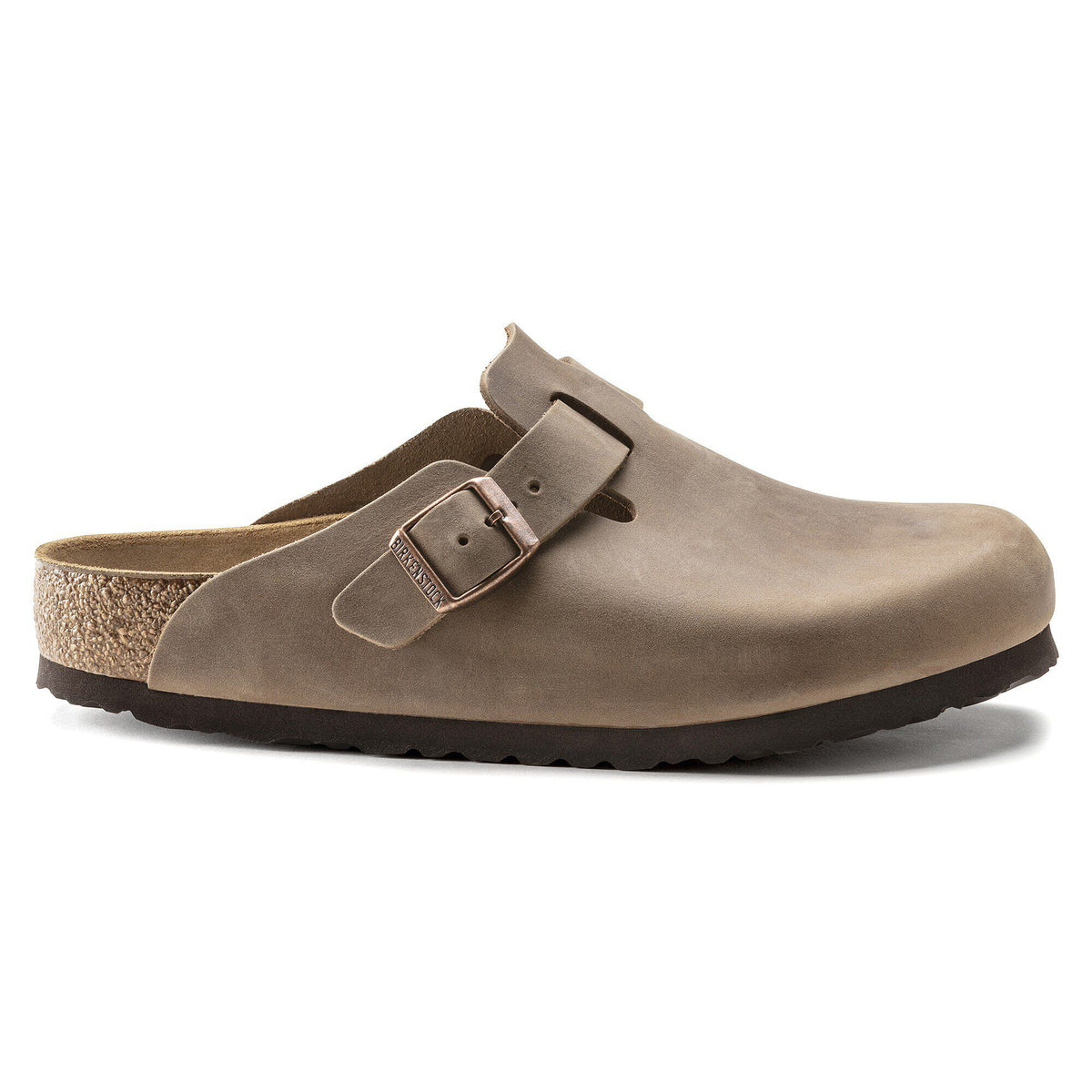 Birkenstock Boston oiled leather clog with buckle strap and cork footbed, side view