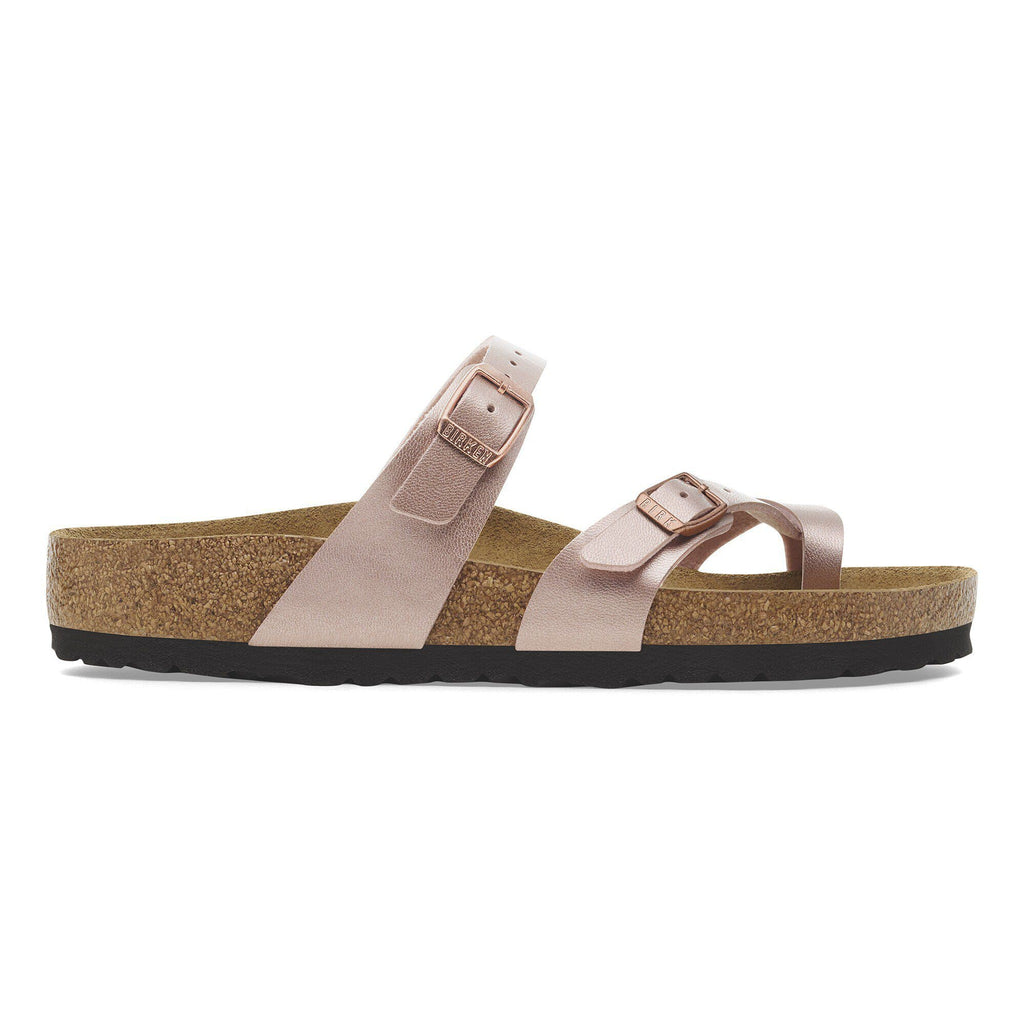 Birkenstock Mayari sandal with cork footbed, two adjustable buckle straps, side profile view