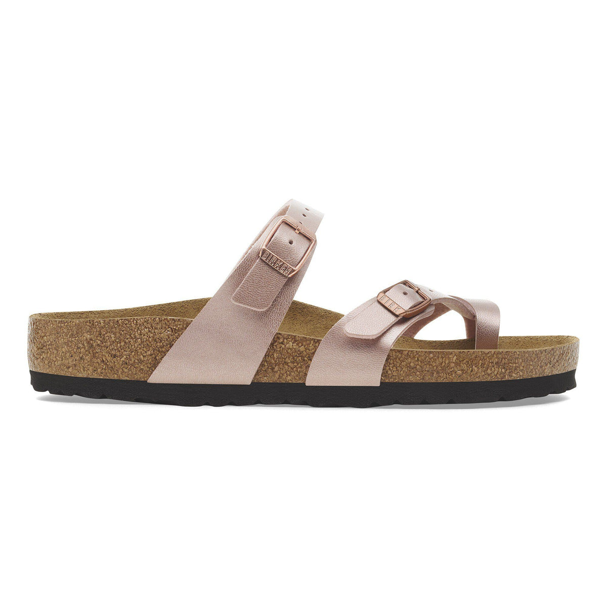 Birkenstock Mayari sandal with cork footbed, two adjustable buckle straps, side profile view