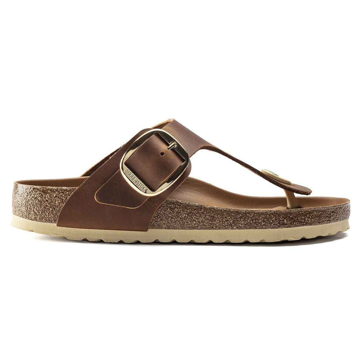 Birkenstock Gizeh thong sandal with oversized gold buckle and cork footbed, lateral view