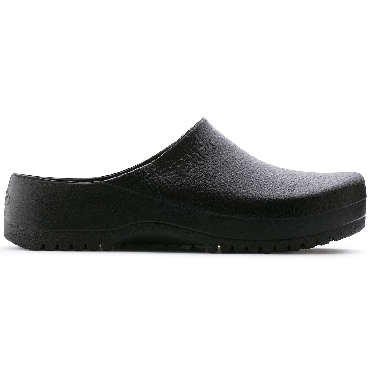 Birkenstock Super Birki clog shown in profile view on white background, lateral side