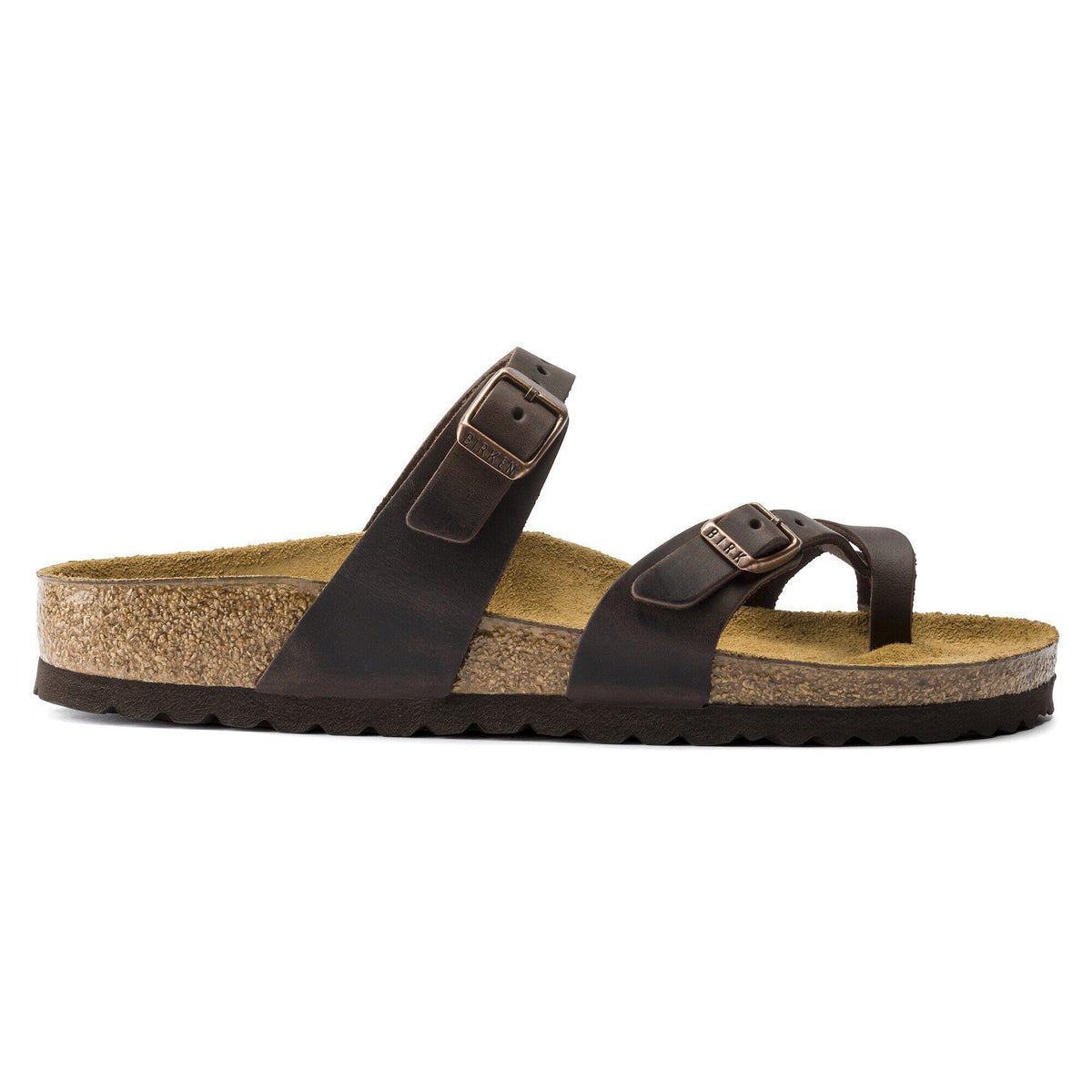 Birkenstock Mayari sandal with two adjustable buckle straps and cork footbed, side view