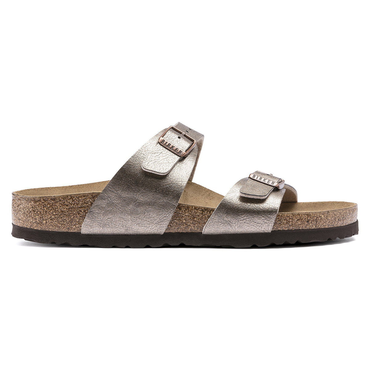 Birkenstock two-strap slide sandal with adjustable buckles and cork footbed, side view