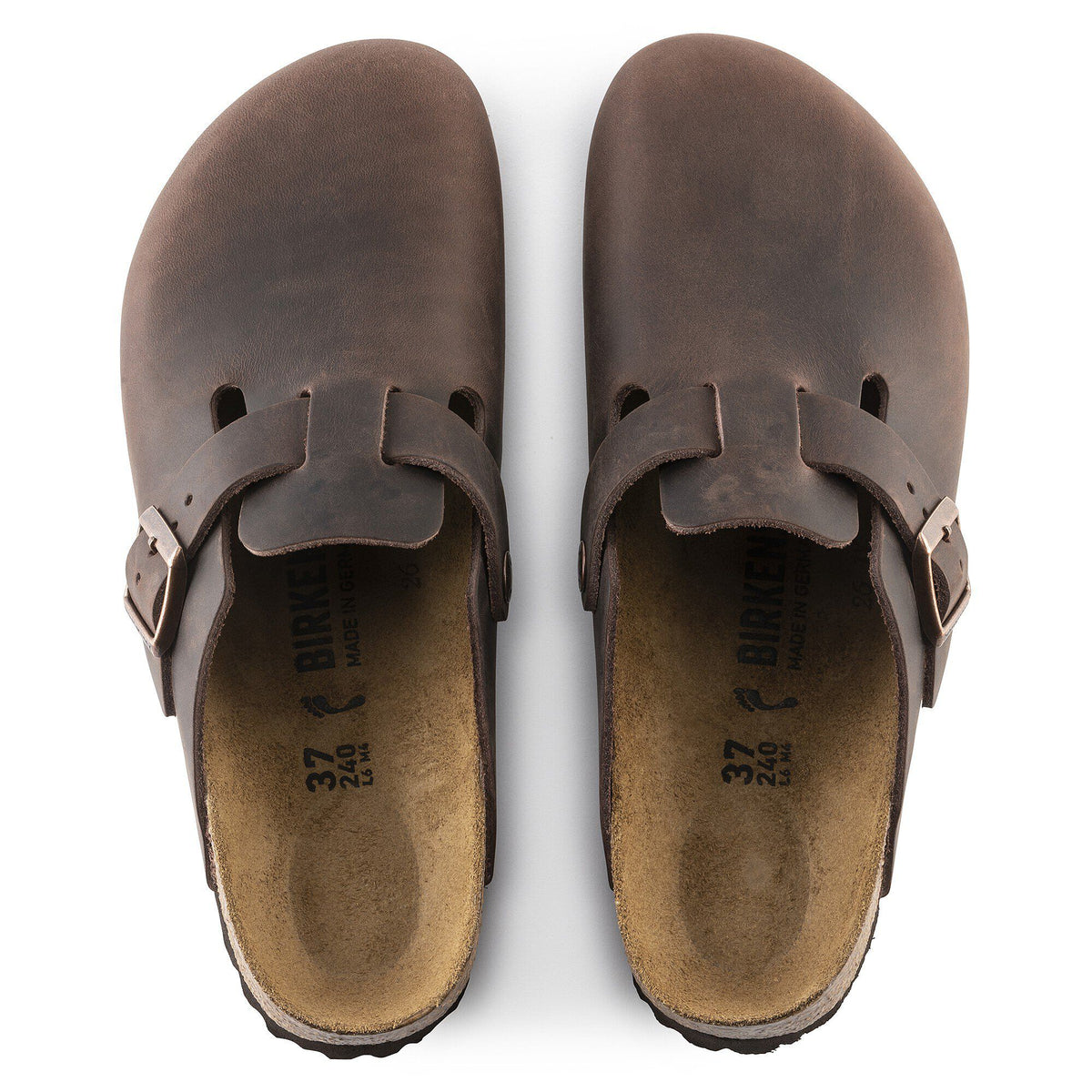 Birkenstock Boston oiled leather clogs with buckle strap, shown from above as a pair