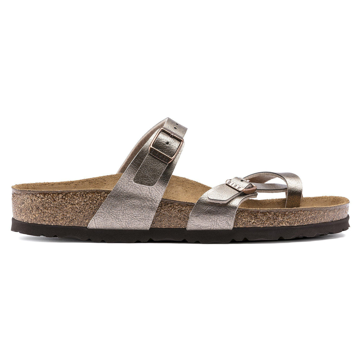 Birkenstock Mayari sandal with metallic straps, cork footbed, and buckle closures, side view