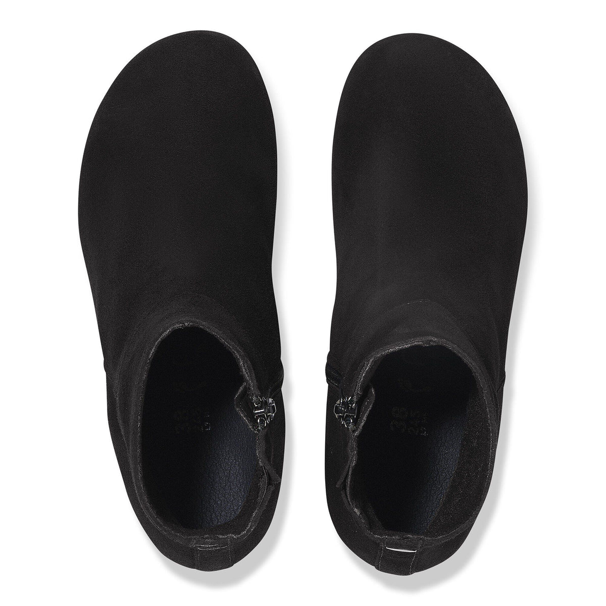 Birkenstock Papillio Ebba suede ankle boots viewed from above showing zip closure and footbed