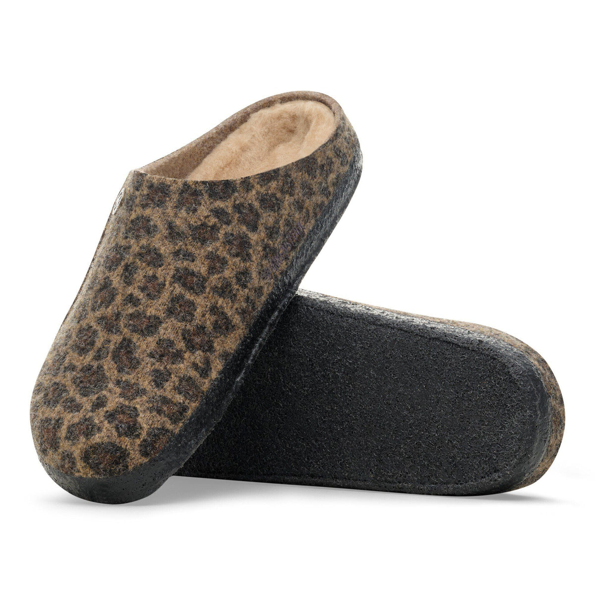 Pair of leopard-print felt mule slippers with shearling lining and black rubber sole