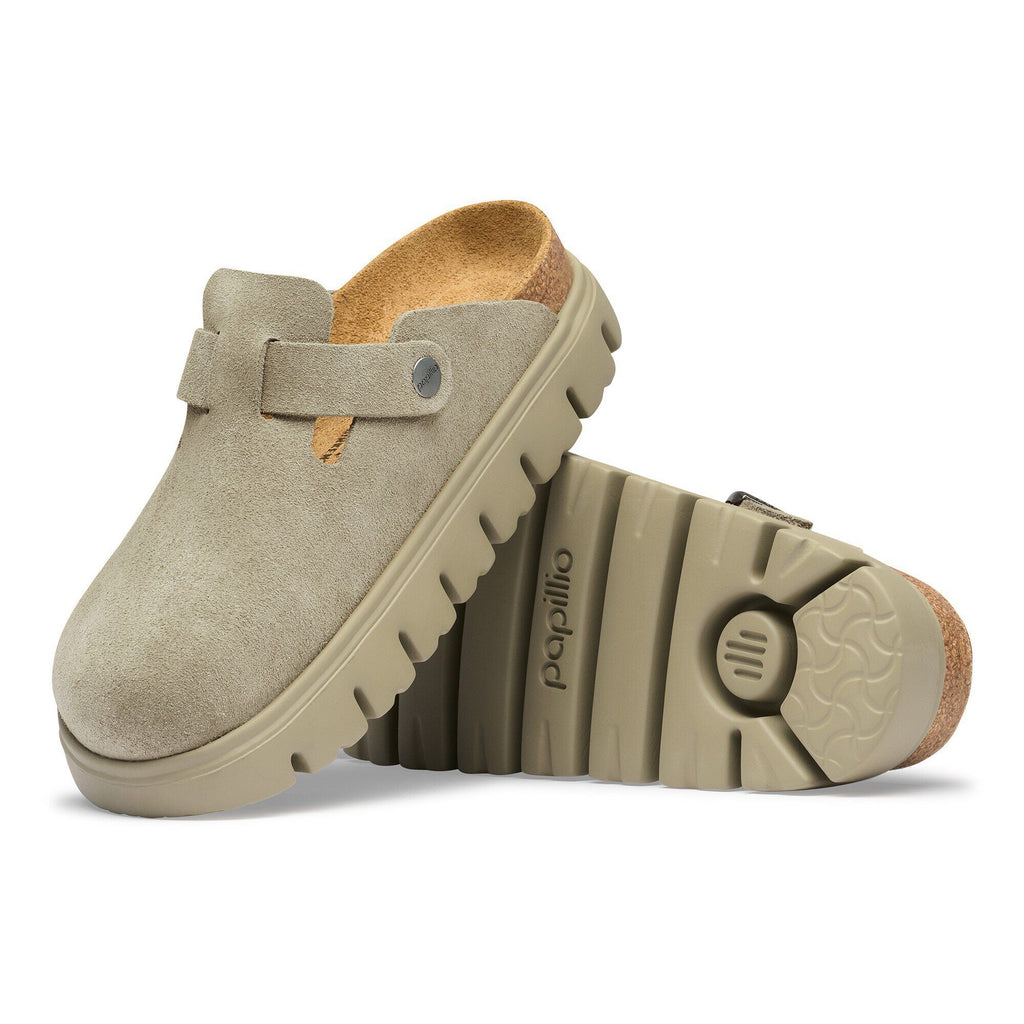 Birkenstock Papillio Boston Chunky suede clog showing top and sole views on white background