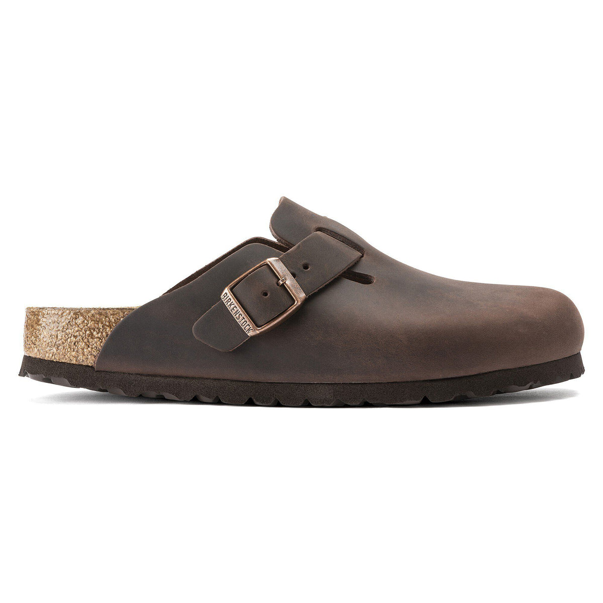 Birkenstock Boston oiled leather clog with adjustable buckle strap and cork footbed, side view