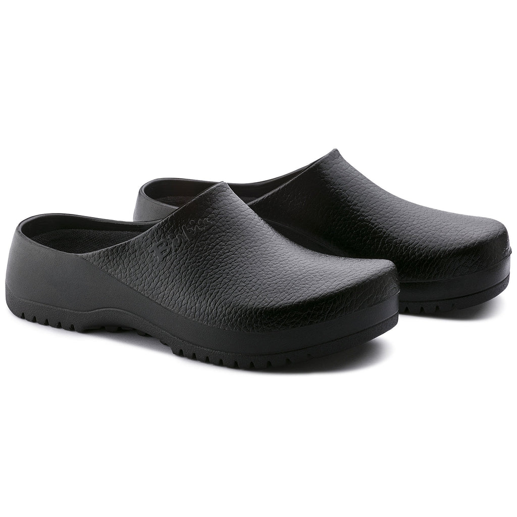 Birkenstock Super Birki slip-on clogs with textured upper and chunky rubber sole, pair angled view