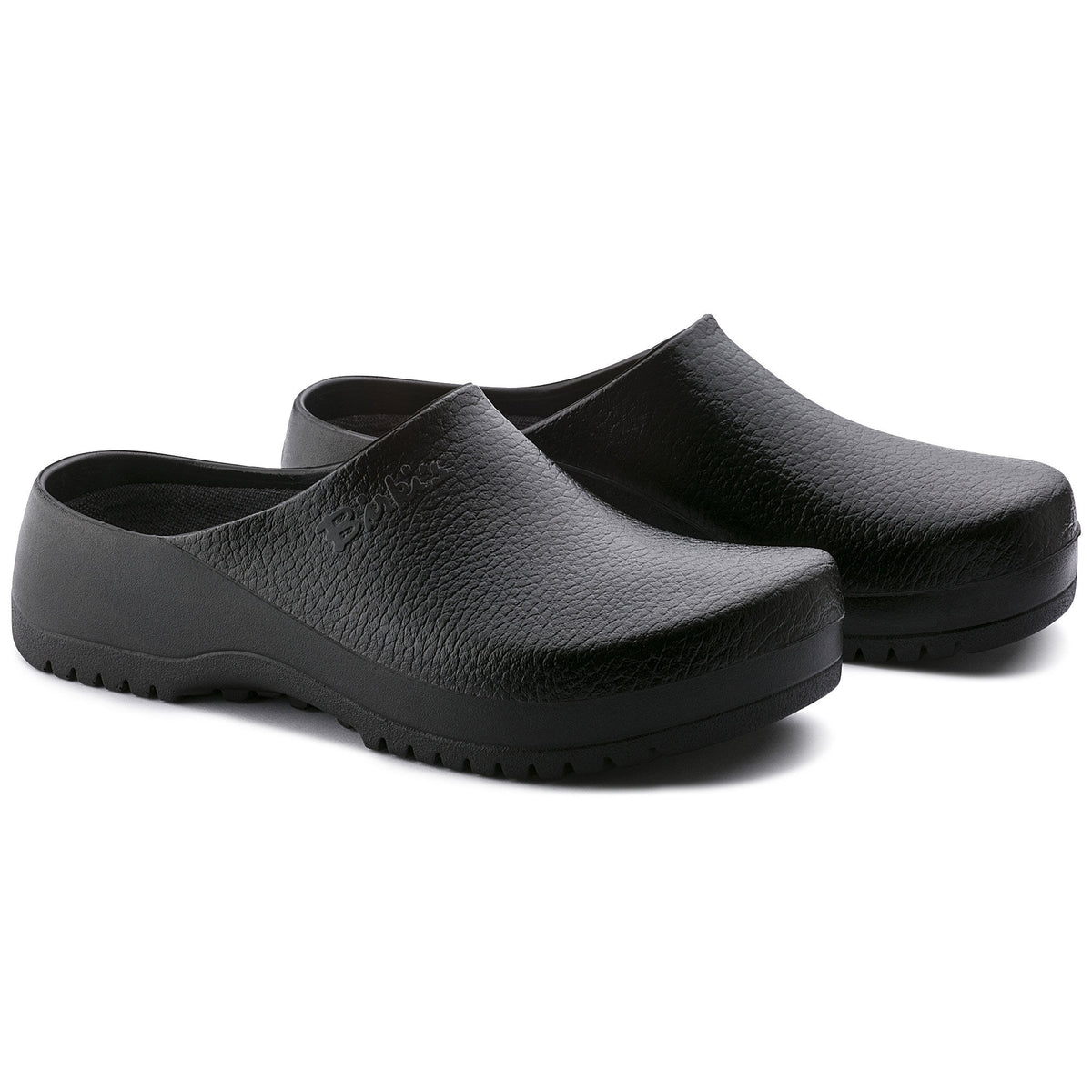 Birkenstock Super Birki slip-on clogs with textured upper and chunky rubber sole, pair angled view